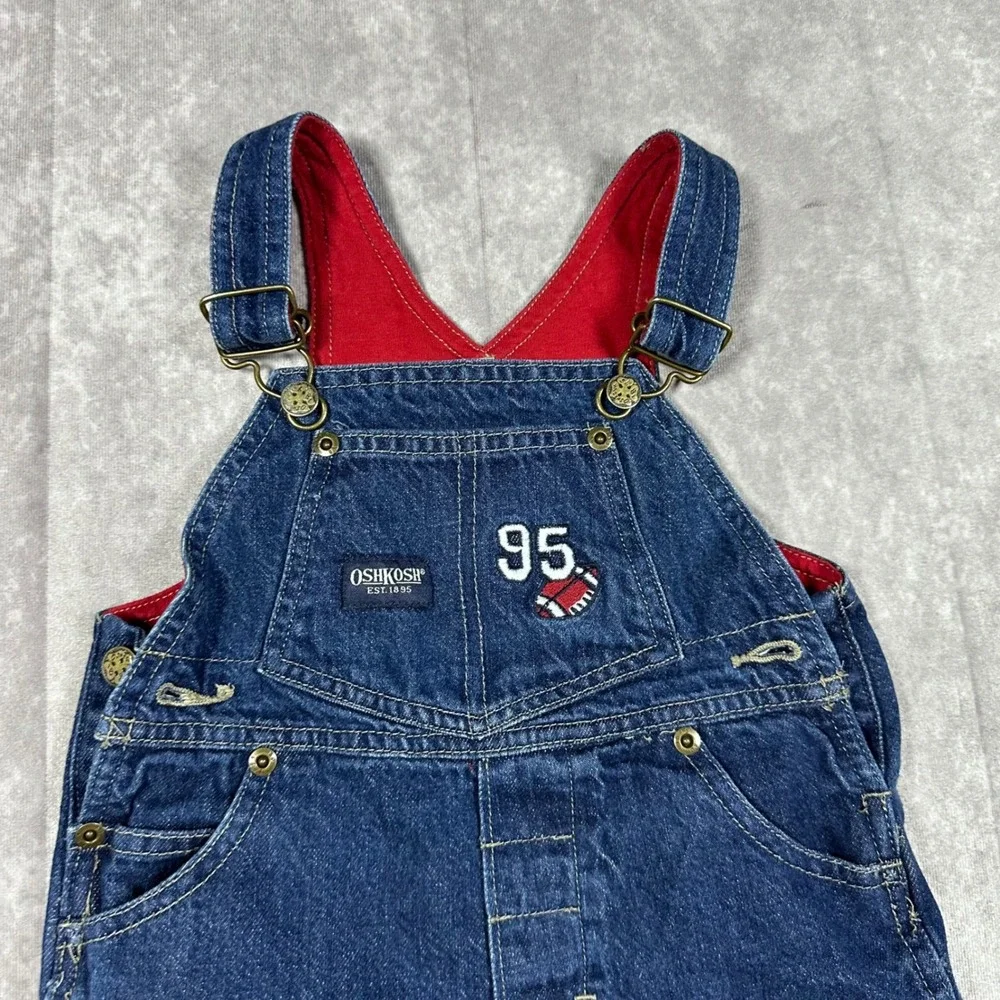 Vintage OshKosh Bgosh Kids 18M Blue Denim Red Lined Football Owl Overalls 90s